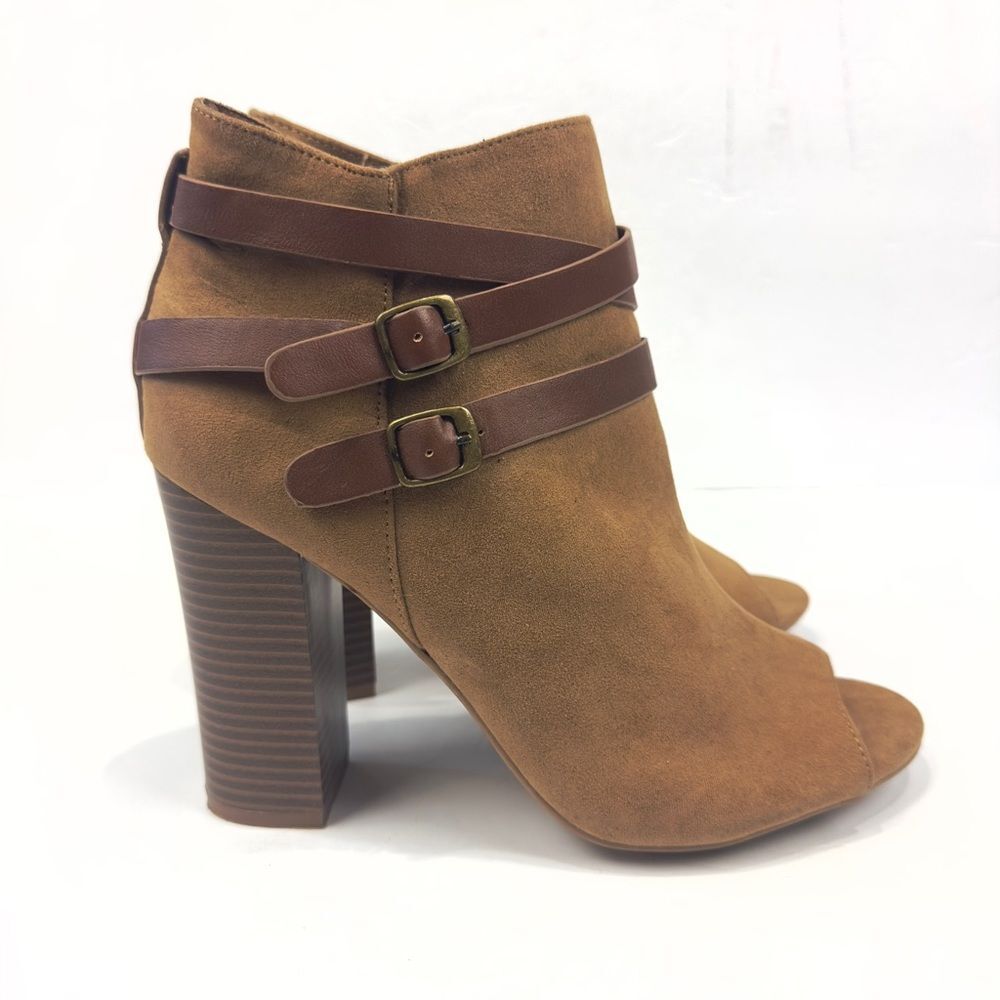 Bamboo Brown Suede Open Toe 4" Chunky Heel Ankle Bootie Sz 9/38